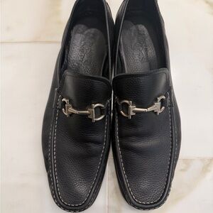Salvatore Ferragamo Black Leather Slip-Ons with Silver Accents